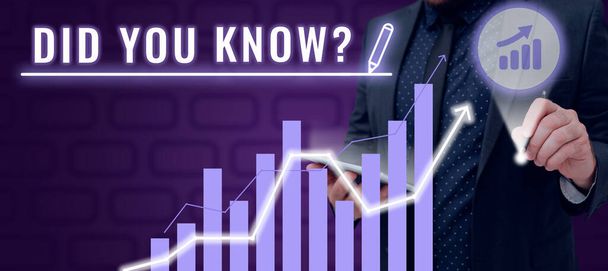 Text showing inspiration Did You Know Question, Business idea Fun Facts and Figures Information General Knowledge Man With Tablet And Digital Bar Graph Analyzing Business Data And Growth. - Foto, Bild