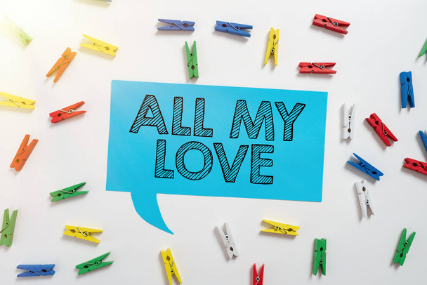 Text caption presenting All My Love, Business approach The whole affection and good feeling for you Romance happiness Colorful Pegs Placed Around Speech Bubble With Important Information. - Photo, Image
