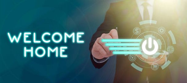Writing displaying text Welcome Home, Word Written on Expression Greetings New Owners Domicile Doormat Entry Man In Suit Displaying Online Symbols Used For Important Business Ideas. - Fotó, kép
