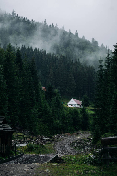Λευκό σπίτι με δύο ορόφους στο δάσος των Καρπαθίων βουνών. Σκούρο και ομιχλώδες  - Φωτογραφία, εικόνα