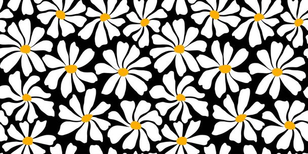 Groovy daisy flower seamless pattern. Cute hand drawn floral background. Vector illustration. - ベクター画像