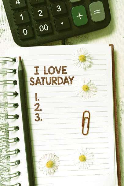 Writing displaying text I Love Saturday, Business concept To have affection for the weekend happy excited relax New Ideas Written On Notebook With Flowers, Pencil And Clip Around. - Photo, image