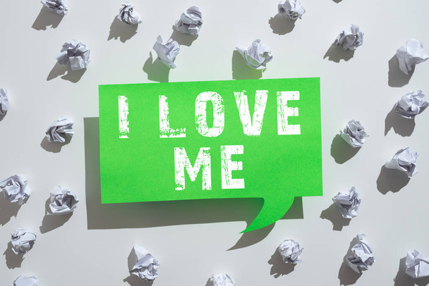 Sign displaying I Love Me, Internet Concept To have affection good feelings for oneself selfacceptance Paper Wraps Placed Around Speech Bubble With Important Information. - Photo, image