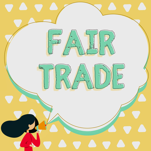 Conceptual caption Fair Trade, Business showcase Small increase by a manufacturer what they paid to a producer Woman Talking Through Megaphone Making Announcement With Speech Bubble. - Zdjęcie, obraz