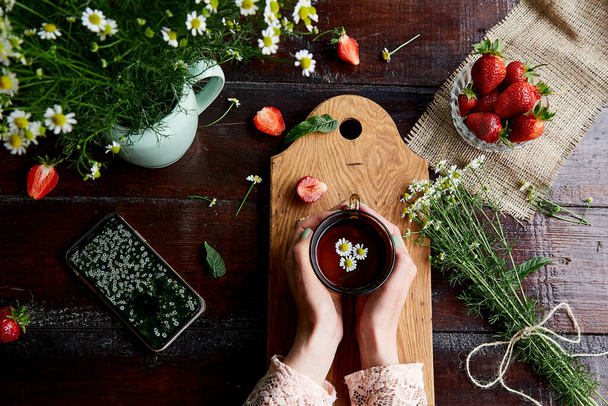 Woman hands holding cup of chamomile tea and strawberry. Summer atmospheric table with fresh strawberries, chamomile, natural tea and mint. Mock up of mobile screen with chamomile flowers field. - Foto, Imagen