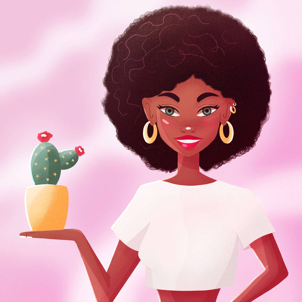 Красива молода чорна жінка в білій сорочці тримає кактус. Впевнена дівчина з афро волоссям і золотими сережками на рожевому фоні. Барвисті ілюстрації
.  - Фото, зображення