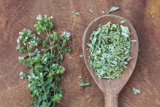 Dried marjoram and fresh twigs marjoram on a wooden background, spice, herb, organic food. Food background. Alternative medicine. Healthy eating. High quality photo - Valokuva, kuva