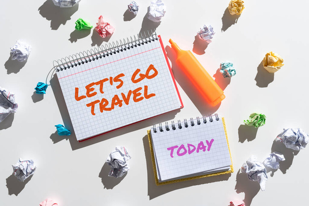 Writing displaying text Let S Is Go Travel, Word Written on Plan a trip visit new places countries cities adventure Notebooks With Important Messages Surrounded By Paper Wraps. - Fotoğraf, Görsel