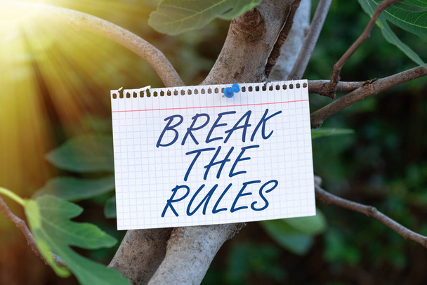Sign displaying Break The Rules, Concept meaning Make changes do everything different Rebellion Reform Notebook Sheet Pinned On Tree Branch For Business Promotion. - Photo, Image