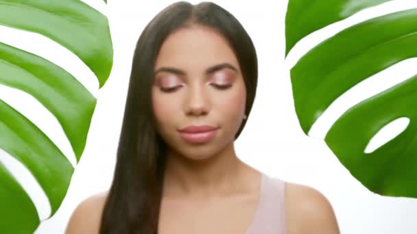 Beautiful black girl with tropical leaves on a white background. Young woman with clean and healthy skin. Natural makeup and skin care. The concept of female beauty. - Filmmaterial, Video