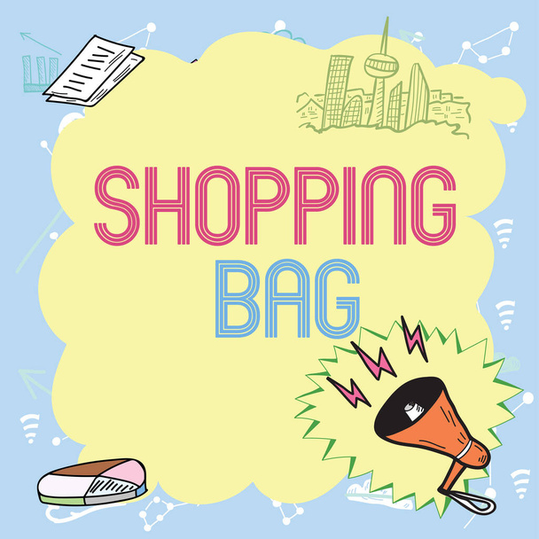 Text showing inspiration Shopping Bag, Business approach Containers for carrying personal possessions or purchases Important Messages Presented In Frame With Megaphone, Chart And Skyline. - Foto, Bild
