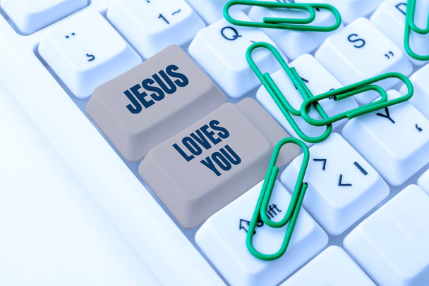 Text sign showing Jesus Loves You, Word Written on Believe in the Lord To have faith religious person -48560 - Фото, изображение