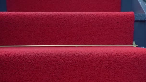 Kinemagraf wchodzi po schodach z czerwonego dywanu. Wysokiej jakości materiał 4k - Materiał filmowy, wideo