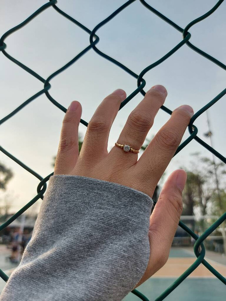 woman's hand blocked by wire mesh fence - Foto, Imagen