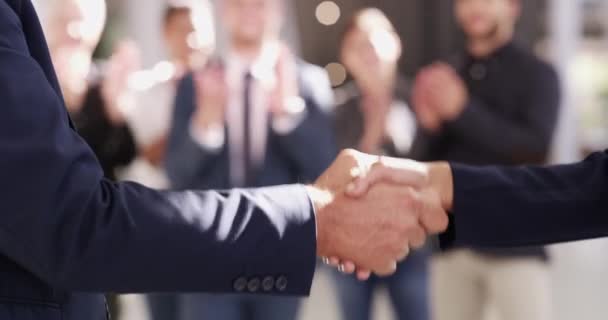 Handshake, agreement and partnership between business people meeting and greeting. Closeup of corporate or political leaders handshaking after a successful deal outside with applause from an audience. - Video