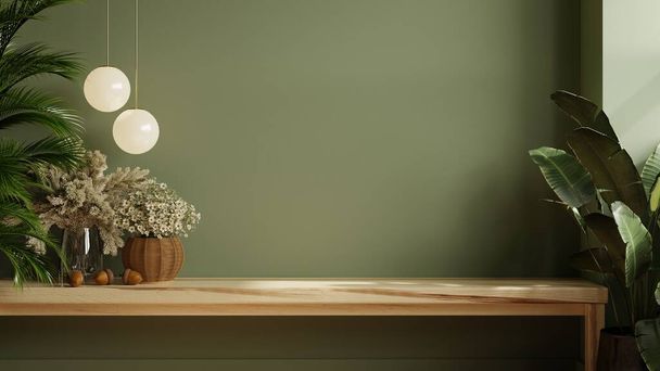 Green wall panelling with wooden shelf in kitchen room.3D rendering - Φωτογραφία, εικόνα