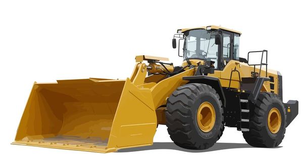 Schwere Maschinen und Produktionsanlagen für den Tagebau Großer gelber Frontlader oder Allrad-Bulldozer isoliert auf weißem Hintergrund. - Vektor, Bild