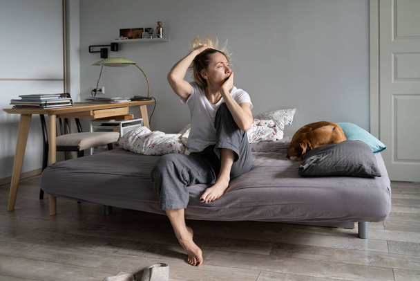 Sad middle-aged female sits on bed near dog and looks at window with absence of starting day. Thoughtful worried Scandinavian woman feels depressed and lonely. Shabby woman thinks about difficult life - Photo, image