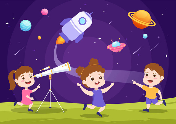 Astronomy Cartoon Illustration with Cute Kids Watching Night Starry Sky, Galaxy and Planets in Outer Space Through Telescope in Flat Hand Drawn Style - Vektor, kép