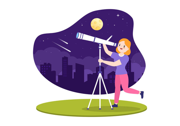 Astronomy Cartoon Illustration with People Watching Night Starry Sky, Galaxy and Planets in Outer Space Through Telescope in Flat Hand Drawn Style - Вектор, зображення