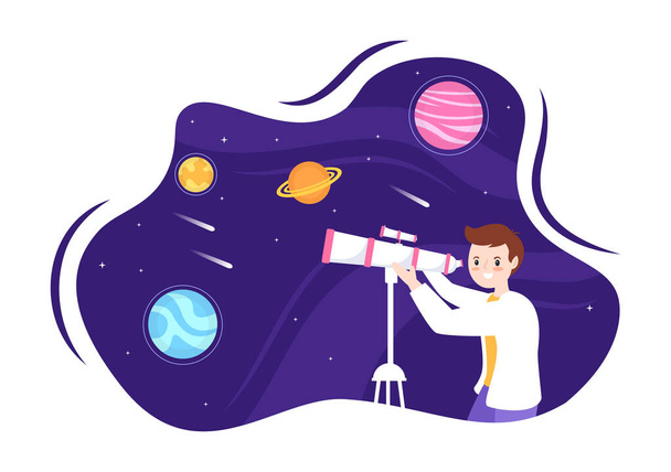 Astronomy Cartoon Illustration with People Watching Night Starry Sky, Galaxy and Planets in Outer Space Through Telescope in Flat Hand Drawn Style - Vector, imagen