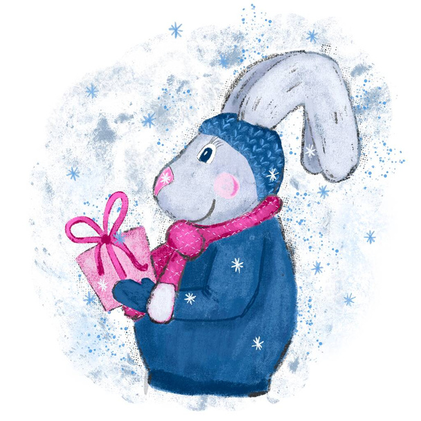 Hand drawn illustration of rabbit hare bunny. Winter new year christmas cartoon of pink present gift box. Funny illustration for chinese new year 2023 cards invitations in blue pink - Photo, Image