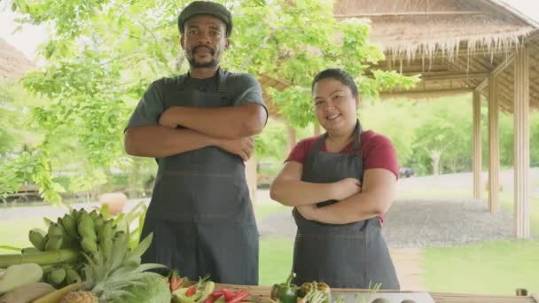 Happy diverse farmer couple, Black and Asian husbandry in apron selling natural products from garden, organic vegetables, and fruits, two cultivators look at camera with cheerful smile and thumbs up. - 映像、動画