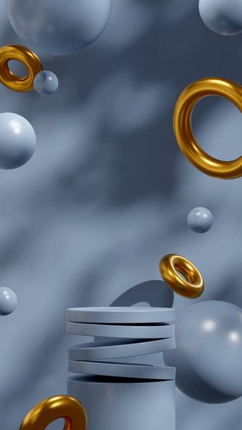 Shadow blue podium rendering 3d mockup template in portrait with floating sphere and gold donut - Fotó, kép