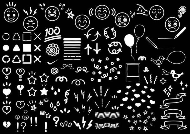 It is a black and white illustration of simple icons such as emotions and stars.A set of icons drawn in white on a black background, making it an easy-to-use illustration for any design. - Vector, imagen