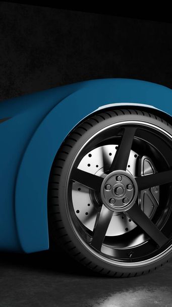 Close up sport rims and tire blue color sport car concept model in dark scene 3D rendering wallpaper backgrounds - Фото, изображение