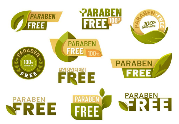 Paraben free labels and icons for cosmetics. Skincare and beauty products without paraben preservative. Vector symbol of safe and natural cosmetics. Badge, pictogram and sticker with green leaf - Vector, imagen