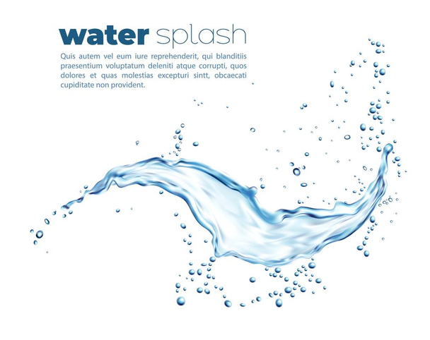 Blue water flow splash with splatters. Translucent liquid jet or clear aqua spill falling droplets. Isolated natural pure water stream bubbles, refreshing soda drink or beverage realistic vector flow - Vettoriali, immagini