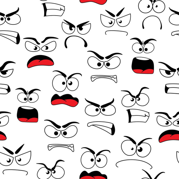 Cartoon grumble and angry faces seamless pattern. Vector background with negative emoji, grouse characters with evil eyes and yelling mouth. Griper facial expression, growl , comic murmur personage - Vektör, Görsel