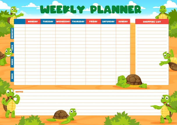Weekly planner schedule with cartoon turtle. Cheerful tortoise animal characters. School education calendar vector daily checklist, lessons weekly planner or timetable with cute turtle kid personages - Vektor, Bild