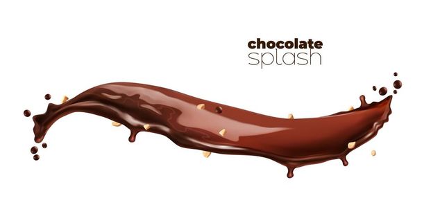 Chocolate, cocoa and coffee milk wave flow swirl with crushed peanuts. Flying cocoa or cacao drink wave splatters. Chocolate cream realistic vector splash or isolated spill or stream splatters - Vector, afbeelding