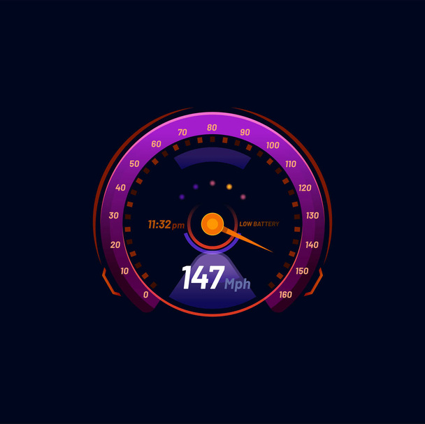 car futuristic neon speedometer dial gauge. Auto or motorbike speed meter neon interface, isolated tachometer futuristic round scale or vector odometer future counter with MPH data and violet gauge - Vector, Imagen