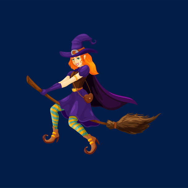 Cartoon spooky witch Halloween character, vector beautiful sexy enchantress personage in magician hat and dress flying on broom to sabbath. Hag on broomstick in purple costume and striped stockings - Вектор,изображение