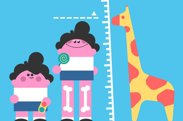 Kid height chart for growth measuring vector illustration. Measure kid height with giraffe flat style. Health check-up, bone growth concept - Vector, afbeelding