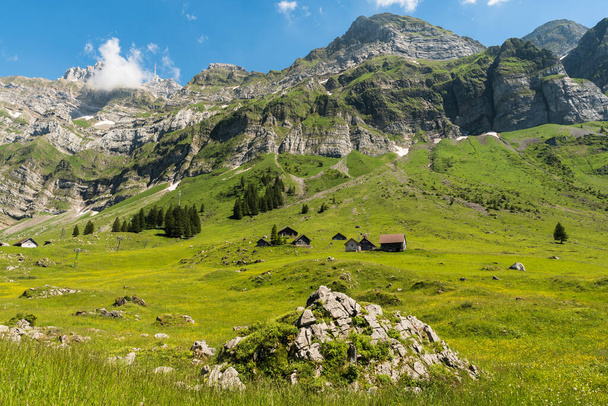 Mountain huts and pastures on Schwaegalp, view of Mount Saentis, Canton Appenzell Ausserrhoden, Switzerland - Foto, imagen