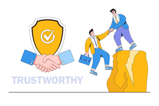 Trustworthy or integrity for partnership, support and reliable to work together, honesty or trust to help success team concepts. Businessman hold hand tight with trusted partner in mountain cliff. - Vector, afbeelding