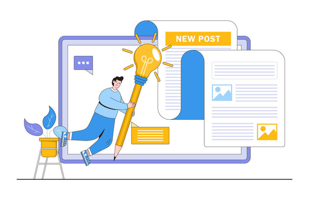 Copywriter or blogger, creative web writer, imagination to make content, talent and skill concepts. Freelance man using big pencil with lightbulb idea to create new post or article for social media. - Vektori, kuva