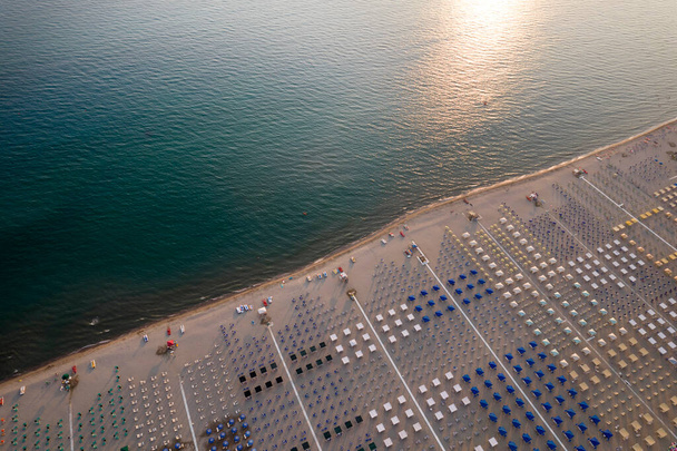 Aerial view of the equipped beach of Viareggio Tuscany photographed in the late afternoon  - Foto, Imagem
