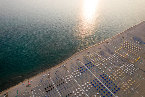 Aerial view of the equipped beach of Viareggio Tuscany photographed in the late afternoon  - Valokuva, kuva