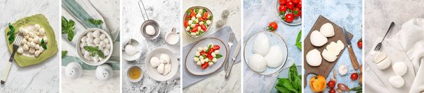 Collage with tasty mozzarella cheese, basil and tomatoes, top view - Fotografie, Obrázek