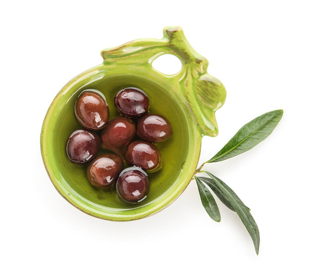 Bowl of fresh oil and olives on white background - Φωτογραφία, εικόνα