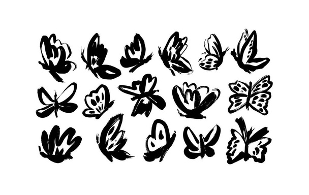 Different vector butterflies isolated on white background. Hand drawn black ink illustrations. Brush stroke style. Random black and white butterflies silhouettes. Collection of artistic simple moths - Vettoriali, immagini
