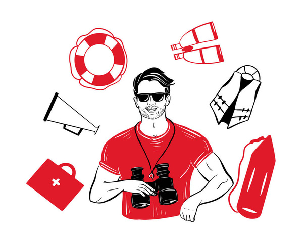 Lifeguard in sunglasses with binoculars.Lifeguard icon set.Vector illustration. - Vector, Image