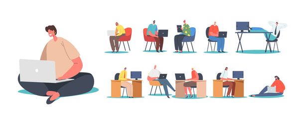 Set Men and Women Freelancers or Office Workers Working on Computers Isolated on White Background. Young Characters at Workplace Desk with Laptop or Pc Concept. Cartoon People Vector Illustration - Вектор,изображение