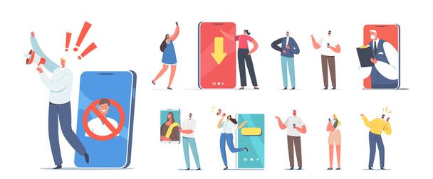Set of Male and Female Characters with Phones and Loudspeaker Isolated on White Background. Men and Women Communicate with Smartphones. Young People Holding Mobiles. Cartoon Vector Illustration - Vektor, obrázek