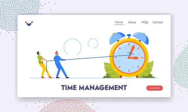 Time Management Landing Page Template. Business Characters Trying to Stop or Slowdown Time Pulling Alarm Clock Arrows with Strap, Men Hard Drudge, Overtime Work. Cartoon People Vector Illustration - Vektori, kuva